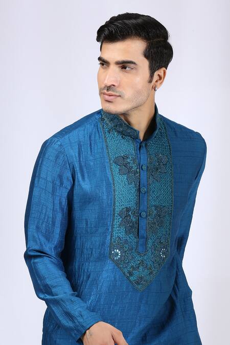 Neha Gursahani_Blue Satin Raw Silk Thread, Zardozi Yoke Embroidered Kurta Set _Online_at_Aza_Fashions