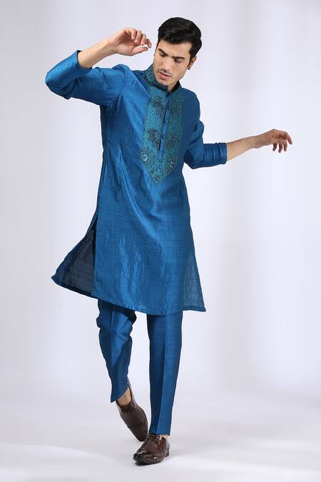 Buy_Neha Gursahani_Blue Satin Raw Silk Thread, Zardozi Yoke Embroidered Kurta Set _Online_at_Aza_Fashions