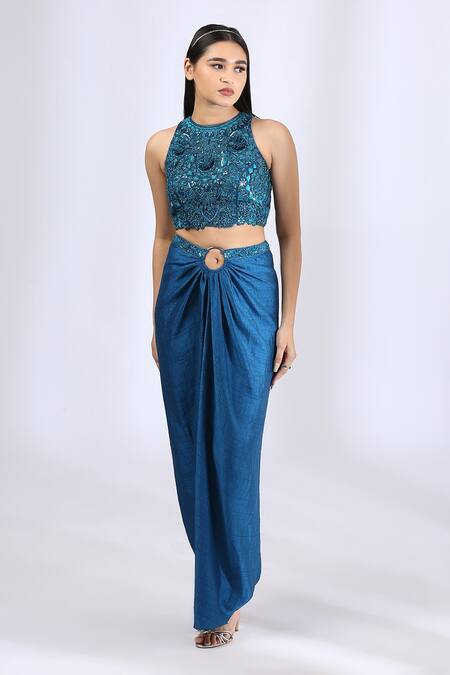 Neha Gursahani_Blue Satin Raw Silk Thread, Zardozi Halter Embroidered Top And Draped Skirt Set _Online_at_Aza_Fashions