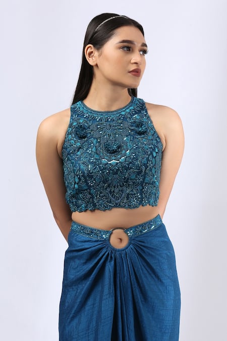 Buy_Neha Gursahani_Blue Satin Raw Silk Thread, Zardozi Halter Embroidered Top And Draped Skirt Set _Online_at_Aza_Fashions