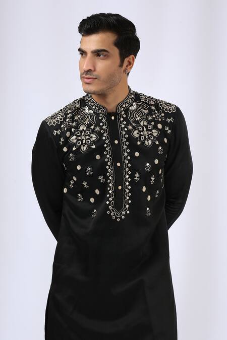 Neha Gursahani_Black Satin Linen Thread Work Embroidered Kurta Set _Online_at_Aza_Fashions