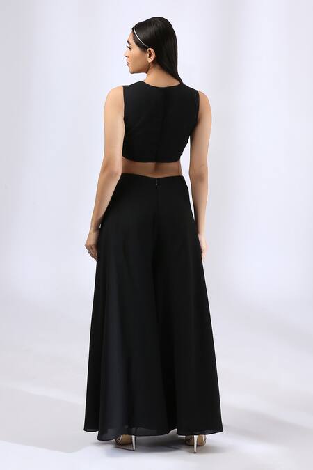 Buy_Neha Gursahani_Black Cotton, Double Georgette, Lining Embroidered Jacket And Jumpsuit Set _Online_at_Aza_Fashions