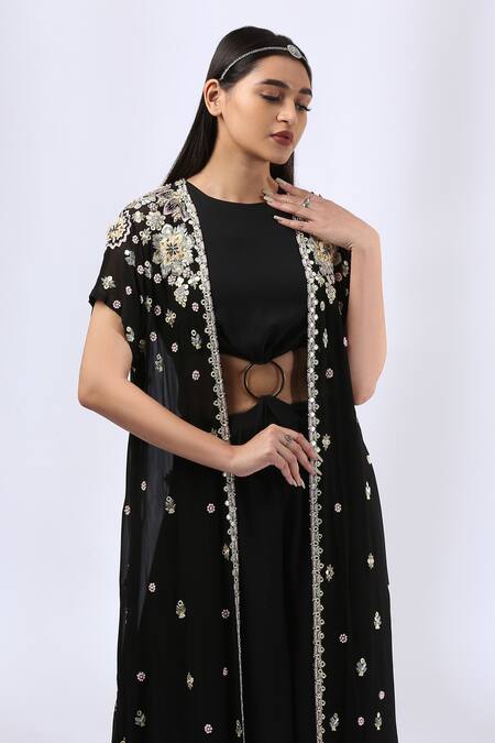 Neha Gursahani_Black Cotton, Double Georgette, Lining Embroidered Jacket And Jumpsuit Set _at_Aza_Fashions