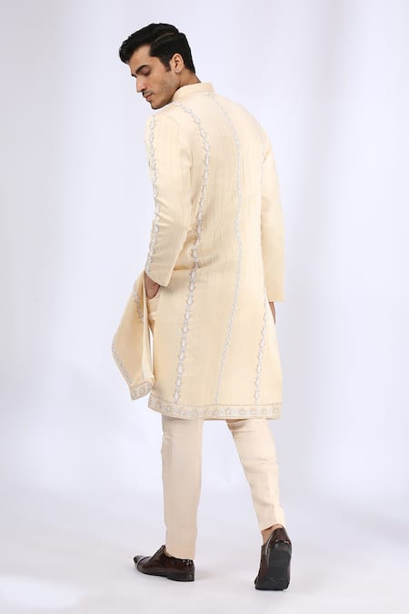Buy_Neha Gursahani_Beige Satin Linen Thread, Zardozi Embroidered Sherwani Set _Online_at_Aza_Fashions