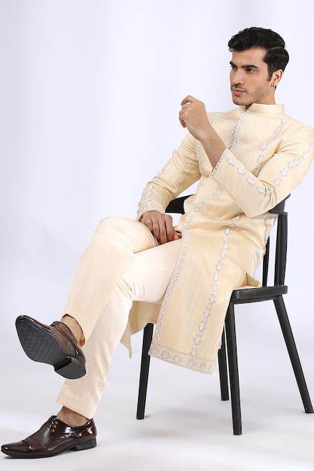 Shop_Neha Gursahani_Beige Satin Linen Thread, Zardozi Embroidered Sherwani Set _Online_at_Aza_Fashions