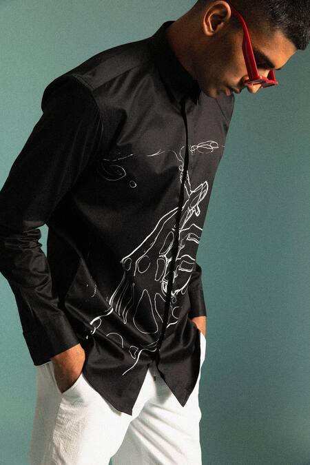 Sahil Aneja_Black Cotton Screen Print Nubes Grises Shirt_Online_at_Aza_Fashions
