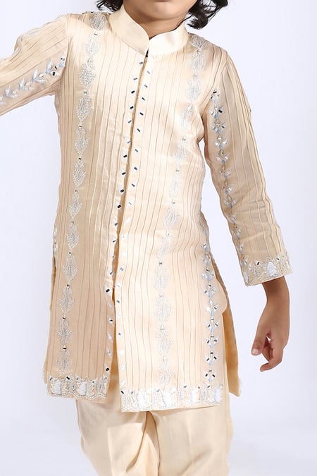 Neha Gursahani_Beige Satin, Linen Embroidery Sherwani And Pant Set _Online_at_Aza_Fashions