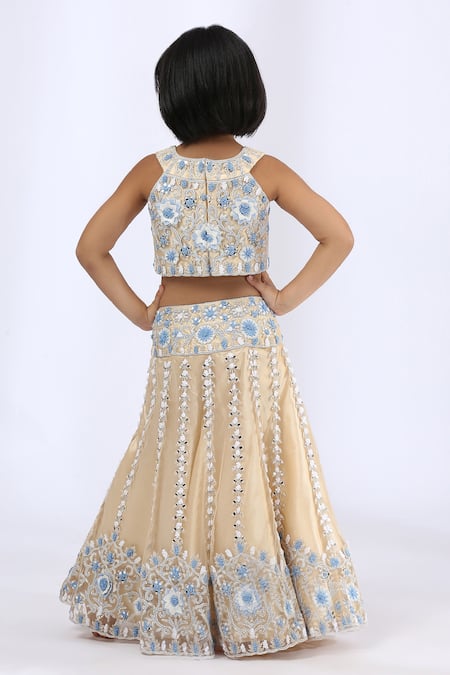 Shop_Neha Gursahani_Beige Tulle Embroidery Floral Lehenga Set _Online_at_Aza_Fashions
