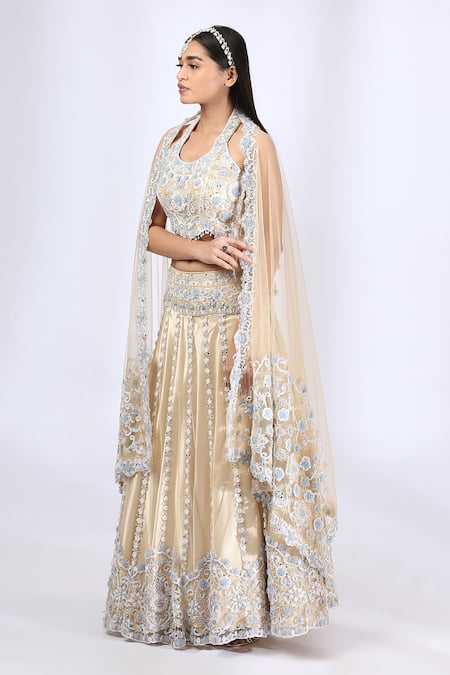 Neha Gursahani_Beige Tulle Embroidery Thread Halter 3d Floral Lehenga Set _Online_at_Aza_Fashions