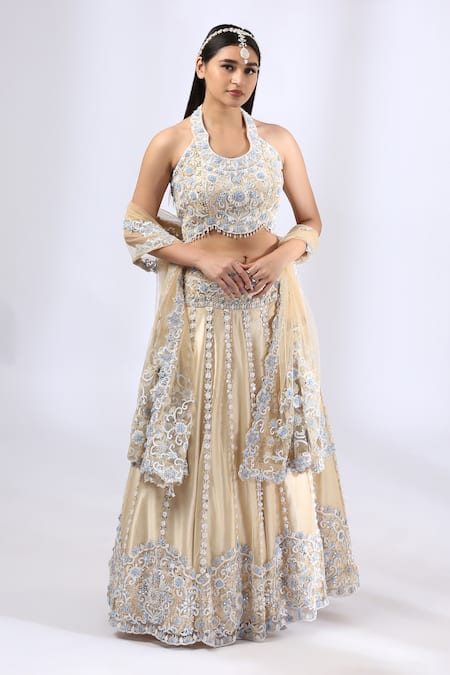 Buy_Neha Gursahani_Beige Tulle Embroidery Thread Halter 3d Floral Lehenga Set _Online_at_Aza_Fashions