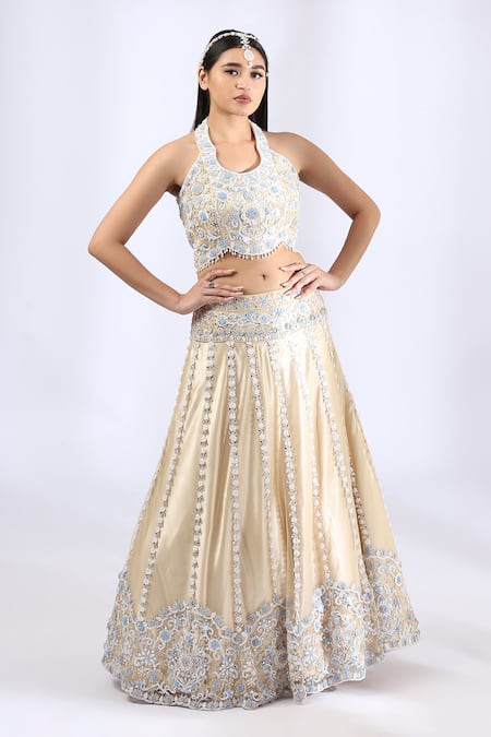 Shop_Neha Gursahani_Beige Tulle Embroidery Thread Halter 3d Floral Lehenga Set _Online_at_Aza_Fashions