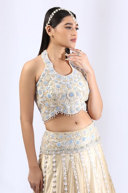 Neha Gursahani_Beige Tulle Embroidery Thread Halter 3d Floral Lehenga Set _at_Aza_Fashions