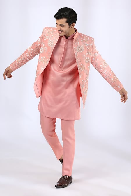 Neha Gursahani_Peach Jacket Satin Linen, Kurta And Pant Chanderi Thread, Embroidered Set _Online_at_Aza_Fashions