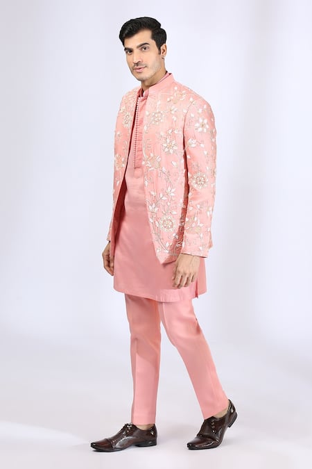 Buy_Neha Gursahani_Peach Jacket Satin Linen, Kurta And Pant Chanderi Thread, Embroidered Set _Online_at_Aza_Fashions