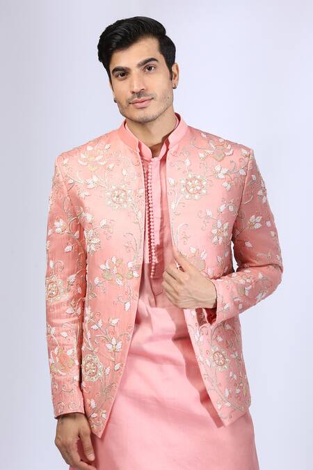 Shop_Neha Gursahani_Peach Jacket Satin Linen, Kurta And Pant Chanderi Thread, Embroidered Set _Online_at_Aza_Fashions