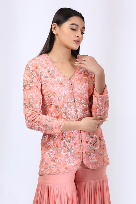 Neha Gursahani_Peach Jacket Organza Embroidery Zardozi V Neck Floral And Gharara Set _Online_at_Aza_Fashions