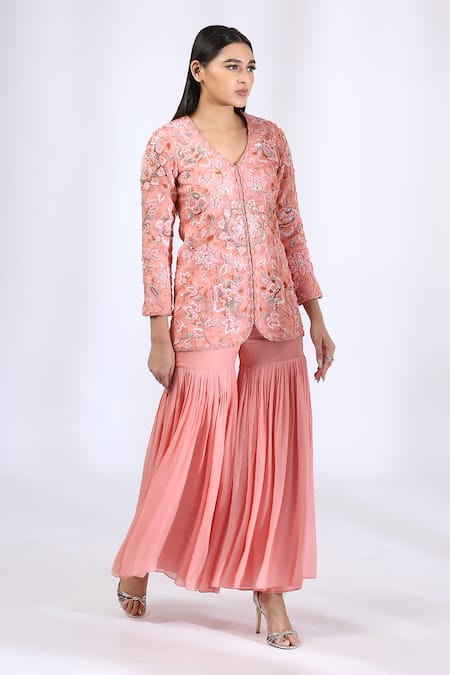 Buy_Neha Gursahani_Peach Jacket Organza Embroidery Zardozi V Neck Floral And Gharara Set _Online_at_Aza_Fashions