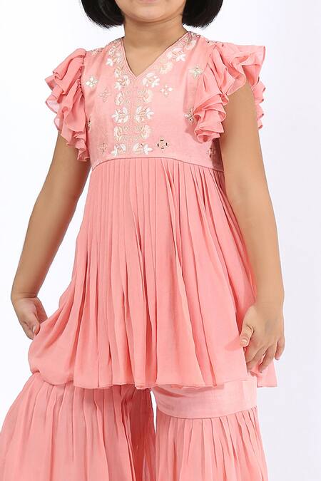 Neha Gursahani Peach Satin, Georgette Embroidery Embellished Peplum Kurta And Gharara Set Online at Aza Fashions Neha Gursahani_Peach Satin, Georgette Embroidery Embellished Peplum Kurta And Gharara Set _Online_at_Aza_Fashions