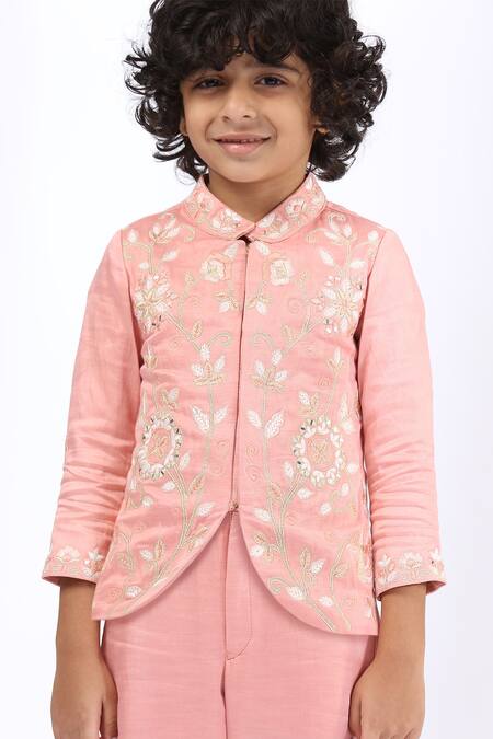 Neha Gursahani_Peach Satin, Linen Embroidery Jacket And Pant Set _Online_at_Aza_Fashions