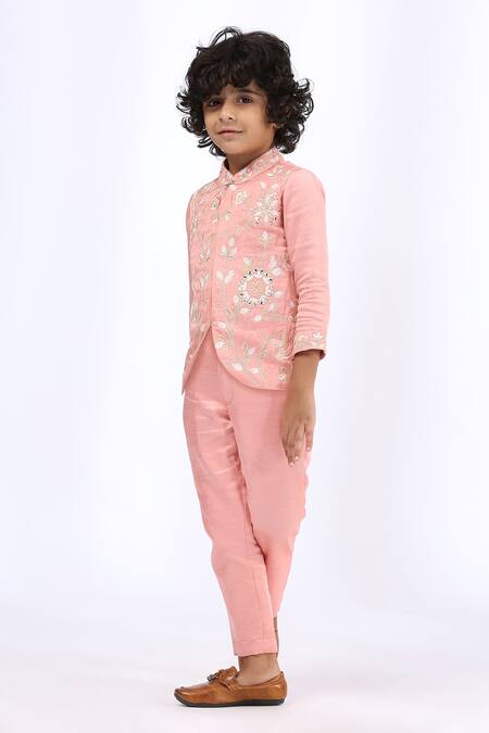 Buy_Neha Gursahani_Peach Satin, Linen Embroidery Jacket And Pant Set _Online_at_Aza_Fashions