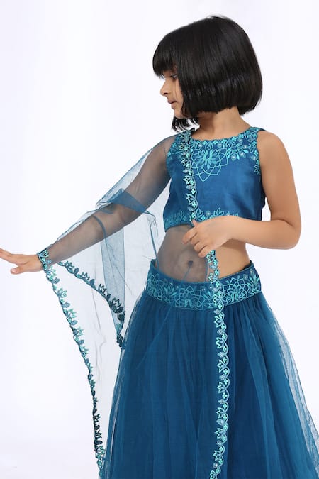Neha Gursahani_Blue Satin, Tulle Embroidery Blouse With Lehenga Set _Online_at_Aza_Fashions