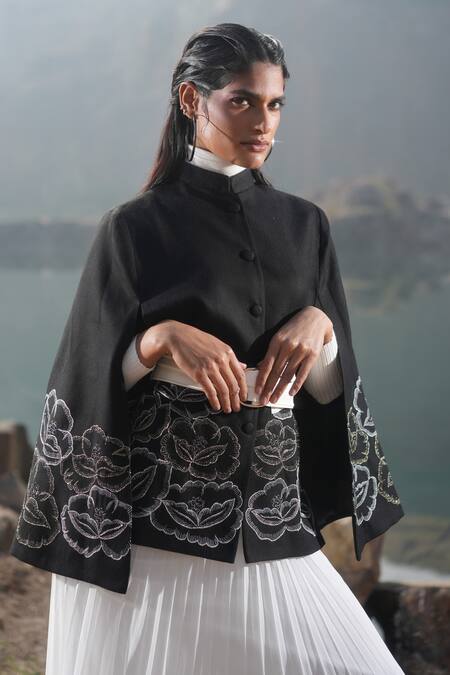 Buy_Neiza By Neeti Seth_Black Zari Embroidered Cashmere Wool Cape _Online_at_Aza_Fashions