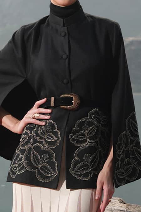 Buy Neiza By Neeti Seth Black Floral Zari Embroidered Cashmere Wool Cape Online at Aza Fashions Buy_Neiza By Neeti Seth_Black Floral Zari Embroidered Cashmere Wool Cape _Online_at_Aza_Fashions