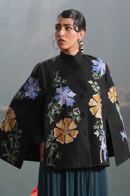 Shop_Neiza By Neeti Seth_Black Floral Aari Work Cashmere Wool Cape _Online_at_Aza_Fashions