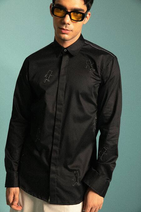 Sahil Aneja_Black Cotton Devil Motif Happy Shirt_Online_at_Aza_Fashions
