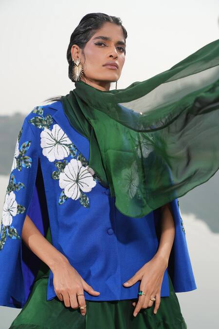 Buy_Neiza By Neeti Seth_Blue Floral Moti Work Cashmere Wool Cape _Online_at_Aza_Fashions