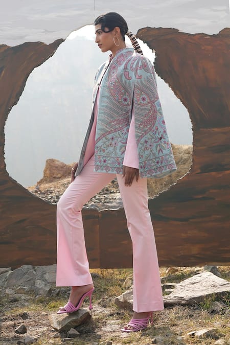 Neiza By Neeti Seth_Blue Floral Pattern Thread Work Cashmere Wool Cape _Online_at_Aza_Fashions