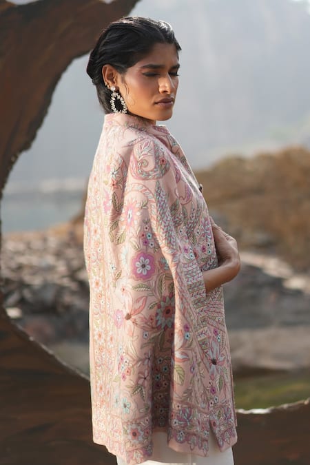 Neiza By Neeti Seth_Pink Floral Thread Work Cashmere Wool Cape _Online_at_Aza_Fashions