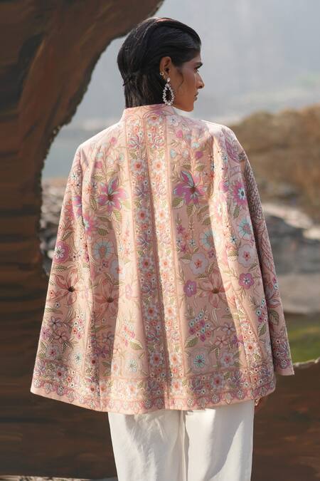 Buy_Neiza By Neeti Seth_Pink Floral Thread Work Cashmere Wool Cape _Online_at_Aza_Fashions