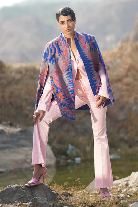 Neiza By Neeti Seth Blue Cashmere Wool Floral Embroidered Cape Online at Aza Fashions Neiza By Neeti Seth_Blue Cashmere Wool Floral Embroidered Cape _Online_at_Aza_Fashions