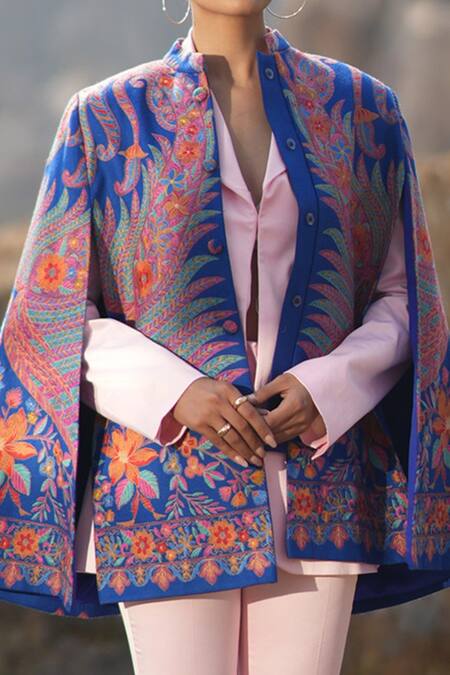 Buy Neiza By Neeti Seth Blue Cashmere Wool Floral Embroidered Cape Online at Aza Fashions Buy_Neiza By Neeti Seth_Blue Cashmere Wool Floral Embroidered Cape _Online_at_Aza_Fashions