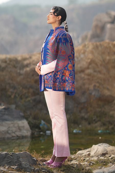 Shop Neiza By Neeti Seth Blue Cashmere Wool Floral Embroidered Cape Online at Aza Fashions Shop_Neiza By Neeti Seth_Blue Cashmere Wool Floral Embroidered Cape _Online_at_Aza_Fashions