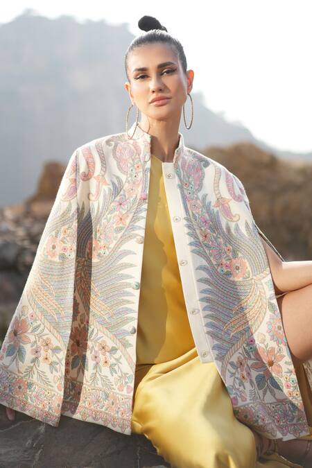 Shop Neiza By Neeti Seth White Cashmere Wool Floral Print Cape Online at Aza Fashions Shop_Neiza By Neeti Seth_White Cashmere Wool Floral Print Cape _Online_at_Aza_Fashions