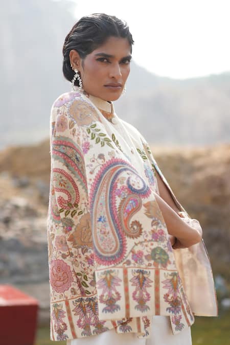 Neiza By Neeti Seth_White Printed Cashmere Wool Cape _Online_at_Aza_Fashions