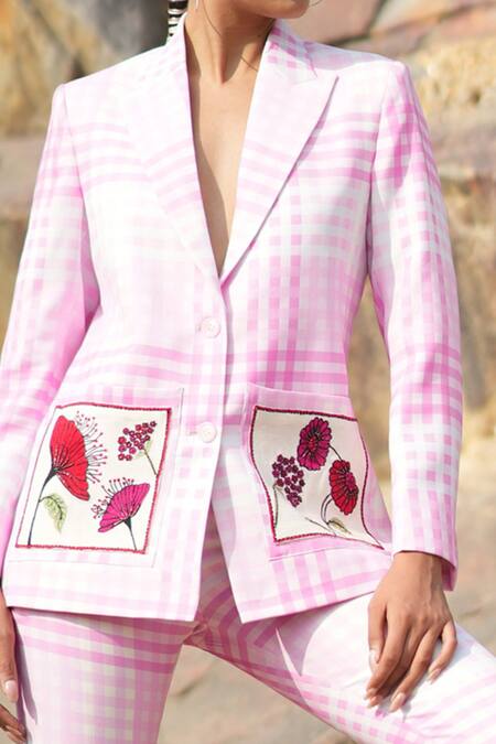 Buy_Neiza By Neeti Seth_Pink Cashmere, Wool Embroidery, Sequins Collared Checkered Jacket _Online_at_Aza_Fashions
