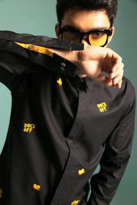 Buy_Sahil Aneja_Black Cotton Thread Duck Off Shirt_Online_at_Aza_Fashions