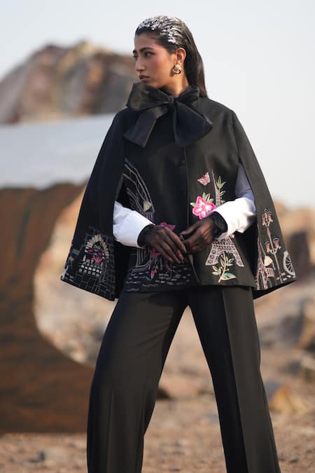 Neiza By Neeti Seth_Black Paris Aari Work Cashmere Wool Cape _Online_at_Aza_Fashions