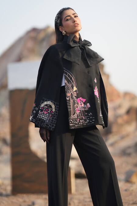 Buy_Neiza By Neeti Seth_Black Paris Aari Work Cashmere Wool Cape _Online_at_Aza_Fashions