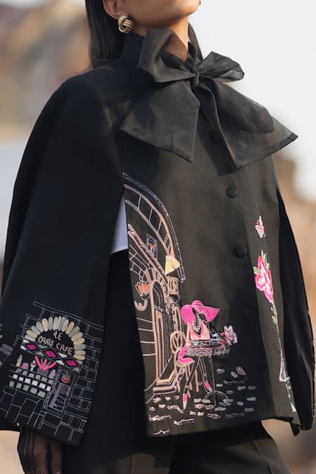 Shop_Neiza By Neeti Seth_Black Paris Aari Work Cashmere Wool Cape _Online_at_Aza_Fashions
