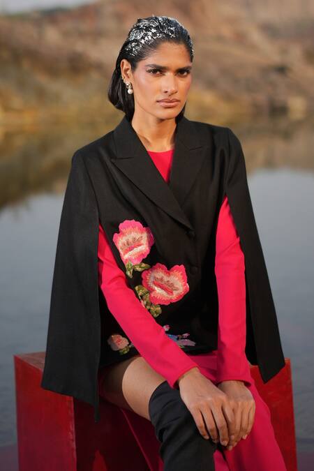 Shop Neiza By Neeti Seth Black Thread Embroidered Cashmere Wool Cape Online at Aza Fashions Shop_Neiza By Neeti Seth_Black Thread Embroidered Cashmere Wool Cape _Online_at_Aza_Fashions