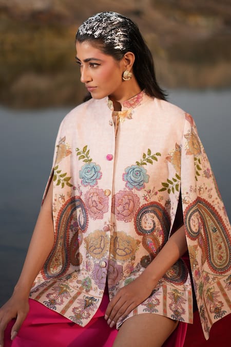 Neiza by Neeti Seth Paisley Print Cashmere Wool Cape 