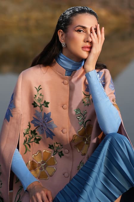 Buy_Neiza By Neeti Seth_Pink Mandarin Collar Cashmere Wool Cape _Online_at_Aza_Fashions