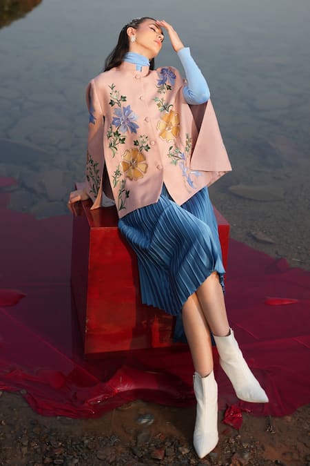 Shop_Neiza By Neeti Seth_Pink Mandarin Collar Cashmere Wool Cape _Online_at_Aza_Fashions