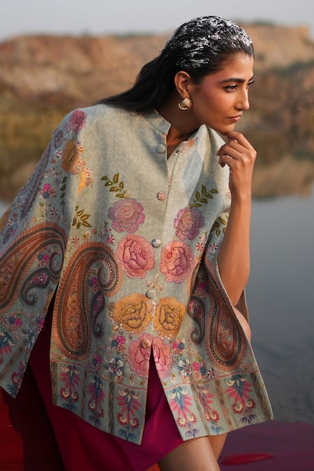 Neiza By Neeti Seth_Blue Sequin Embellished Cashmere Wool Cape _Online_at_Aza_Fashions