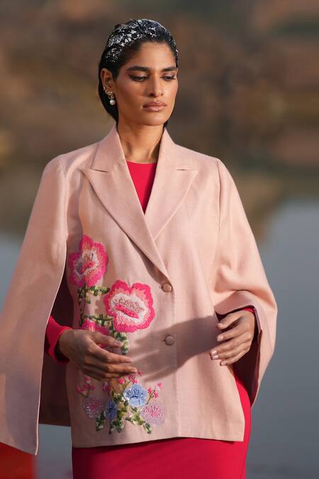 Neiza By Neeti Seth_Pink Thread Work Cashmere Wool Cape _Online_at_Aza_Fashions