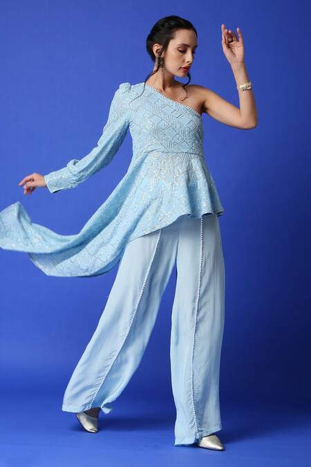 Buy Monk & Mei By Sonia Anand Blue Georgette Sequins, Embroidery Asymmetric One Shoulder Top And Palazzo Set Online at Aza Fashions Buy_Monk & Mei By Sonia Anand_Blue Georgette Sequins, Embroidery Asymmetric One Shoulder Top And Palazzo Set _Online_at_Aza_Fashions